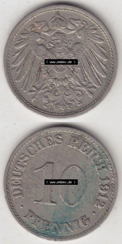 Münzen Deutschland 1871-1918 Kaiserreich 1890-1916, 10 Pfennig A, 1912 (4) Sammlung