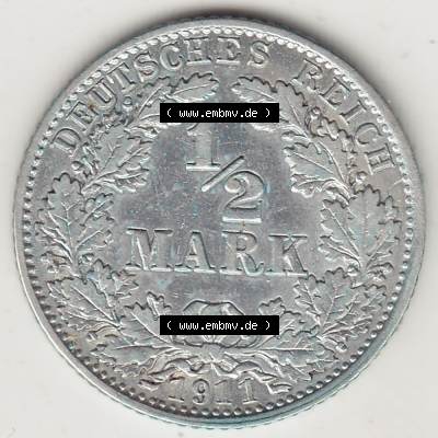 Münzen Deutschland 1871-1918 Kaiserreich Silbermünze 1905-1919, 1/2 Mark D 1911. Rückseite einer Münze aus dem Deutschen Kaiserreich in Europa als Digitales Bild /... Sammlung