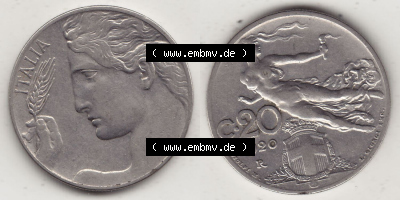 Münzen Italien / Italia Eurovorläufer, Umlaufmünze vor Euroeinführung 1908-1935, 20 C. Centesimi, Cent, 1920 (Stück 1). Rückseite... Sammlung