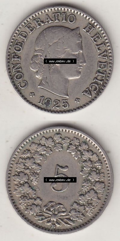 Münzen Schweiz Eurovorläufer, Umlaufmünze 1879-1980, 5 Rappen 1925 Helvetica (4) Sammlung