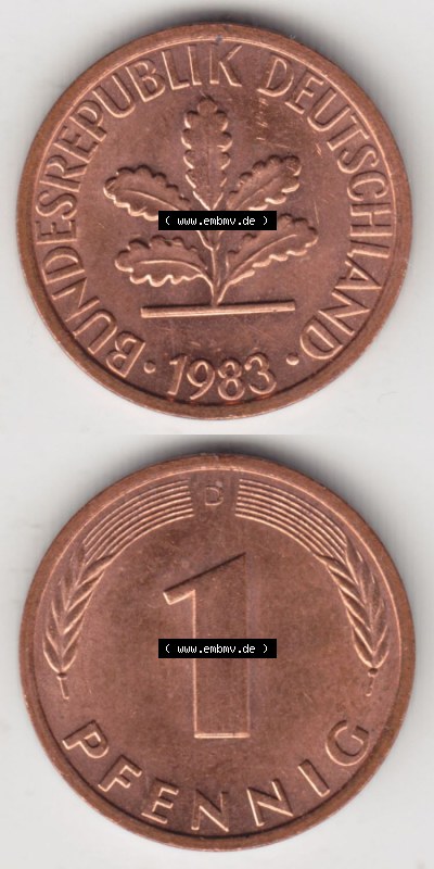 Münzen Deutschland 1 Pfennig-Deutsche Mark 1950-2001, 1 Pfennig 1983 D. Vorderseite und Rückseite in vertikaler Ansicht, einer... Sammlung