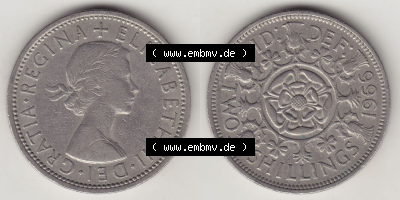 Münzen Großbritannien Eurovorläufer, Umlaufmünze vor Euroeinführung 1954-1970, 2 Schilling - Shillings 1966 (Stück 6). Vorderseite... Sammlung