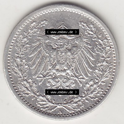 Münzen Deutschland 1871-1918 Kaiserreich Silbermünze 1905-1919, 1/2 Mark A 1906. Vorderseite einer Münze aus dem deutschen... Sammlung