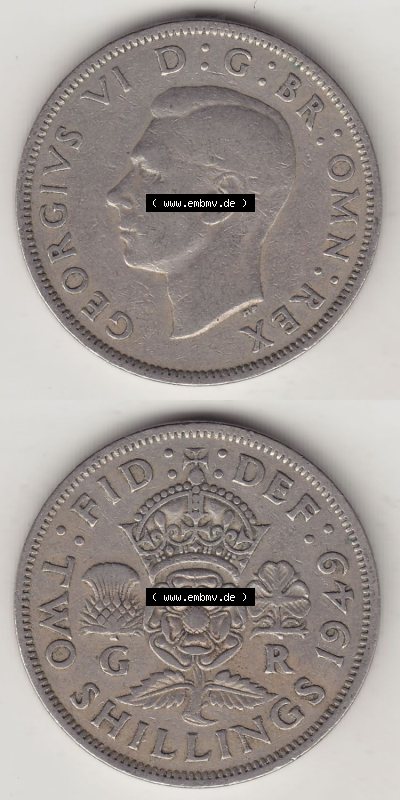 Münzen Großbritannien Eurovorläufer, Umlaufmünze vor Euroeinführung 1949-1951, 2 Schilling - Shillings 1949 (Stück 1). Vorderseite... Sammlung