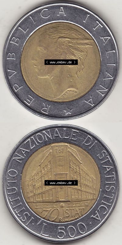 Münzen Italien / Italia Eurovorläufer, Gedenkmünze vor Euroeinführung 1996-1996, 500 Lire, 70 Jahre Nationales Institut für... Sammlung