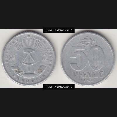 Münzen Deutschland DDR 1958-1990, A 50 Pfennig 1958-2 der DDR-Mark. Vorderseite und Rückseite Nebeneinander einer 50 Pfennig Münze / Umlaufmünze aus Deutschland der... Sammlung