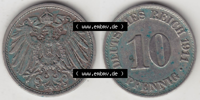 Münzen Deutschland 1871-1918 Kaiserreich 1890-1916, 10 Pfennig A, 1911 (3) Sammlung