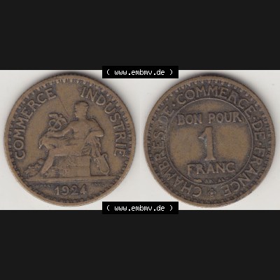 Münzen Frankreich Eurovorläufer, Umlaufmünze vor Euroeinführung 1920-1927, 1 Franken BON POUR 1 FRANC 1924-1. Vorderseite und Rückseite Nebeneinander einer Münze... Sammlung