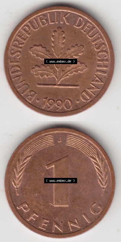 Münzen Deutschland 1 Pfennig-Deutsche Mark 1950-2001, 1 Pfennig 1990 J. Vorderseite und Rückseite in vertikaler Ansicht, einer... Sammlung