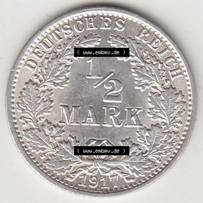 Münzen Deutschland 1871-1918 Kaiserreich Silbermünze 1905-1919, 1/2 Mark A 1917. Rückseite einer Münze aus dem Deutschen Kaiserreich... Sammlung