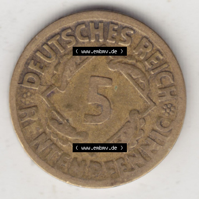 Münzen Deutschland 1918-1932 Weimarer Republik 1923-1924, 5 Rentenpfennig D, 1924 II (1) Sammlung