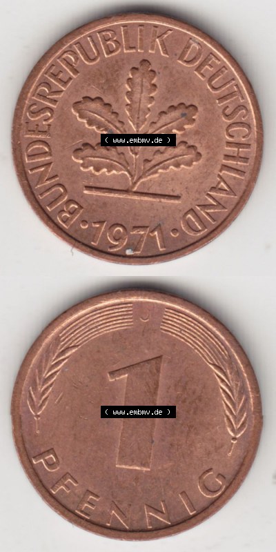 Münzen Deutschland 1 Pfennig-Deutsche Mark 1950-2001, 1 Pfennig 1971 J. Vorderseite und Rückseite in vertikaler Ansicht, einer... Sammlung