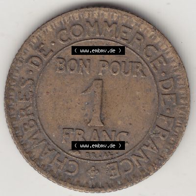 Münzen Frankreich Eurovorläufer, Umlaufmünze vor Euroeinführung 1920-1927, 1 Franken BON POUR 1 FRANC 1927. Rückseite einer Münze aus Europa als Digitales... Sammlung