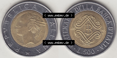 Münzen Italien / Italia Eurovorläufer, Gedenkmünze vor Euroeinführung 1993-1993, 500 Lire, 100 Jahre Bank von Italien (1893-1993),... Sammlung