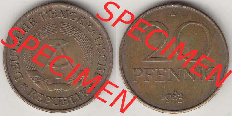 Münzen Deutschland DDR 1969-1990, 20 Pfennig 1983-2, DDR-Telefonmünze. Vorderseite und Rückseite Nebeneinander einer 20 Pfennig Münze / Umlaufmünze in der... Sammlung
