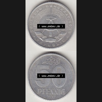 Münzen Deutschland DDR 1958-1990, A 50 Pfennig 1981-1 der DDR-Mark. Vorderseite und Rückseite Vertikal Untereinander, passend für Mobile-Geräte, einer 50 Pfennig... Sammlung