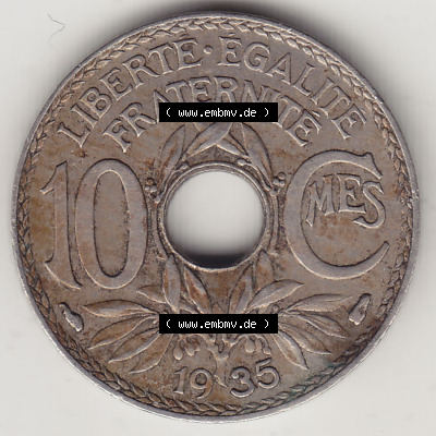 Münzen Frankreich Eurovorläufer, Umlaufmünze vor Euroeinführung 1917-1938, 10 Centimes - Cmes 1935 (Stück 1). Rückseite... Sammlung