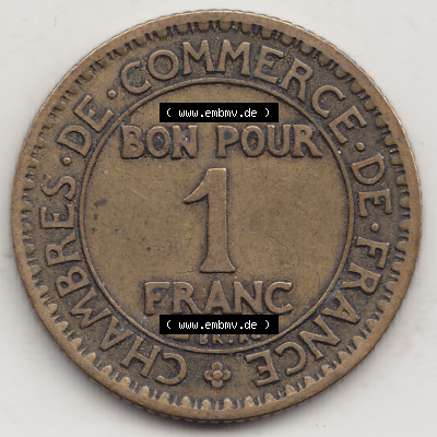 Münzen Frankreich Eurovorläufer, Umlaufmünze vor Euroeinführung 1922-1927, 1 Franken, BON POUR One Franc, 1922 (Stück 1)... Sammlung