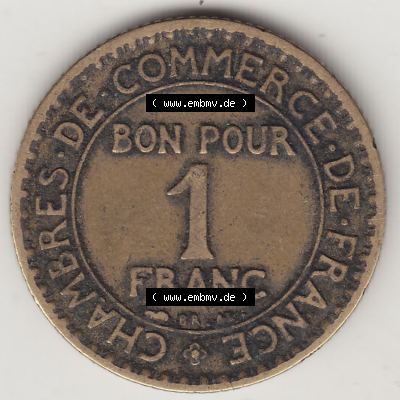 Münzen Frankreich Eurovorläufer, Umlaufmünze vor Euroeinführung 1920-1927, 1 Franken BON POUR 1 FRANC 1925. Rückseite einer Münze aus Europa als Digitales... Sammlung