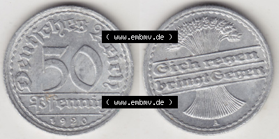 Münzen Deutschland 1918-1932 Weimarer Republik 1919-1922, 50 Pfennig A, 1920 Sich Regen Bringt Segen (3) Sammlung