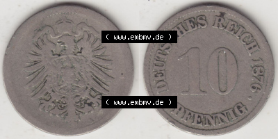 Münzen Deutschland 1871-1918 Kaiserreich 1873-1889, 10 Pfennig A, 1876. Vorderseite und Rückseite Nebeneinander einer Münze... Sammlung