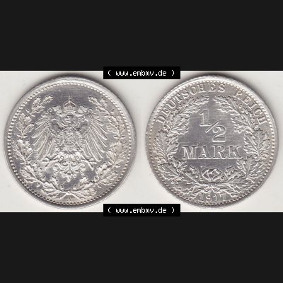 Münzen Deutschland 1871-1918 Kaiserreich Silbermünze 1905-1919, 1/2 Mark A 1917. Vorderseite und Rückseite Nebeneinander einer Münze aus Europa dem Deutschen Kaiserreich... Sammlung