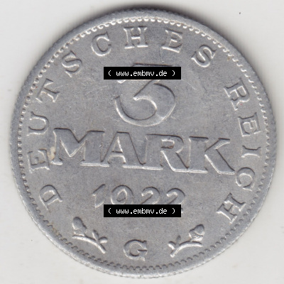 Münzen Deutschland 1918-1932 Weimarer Republik 1922-1923, 3 Mark G, 1923 Verfassungstag 11. August 1922 (1) Sammlung