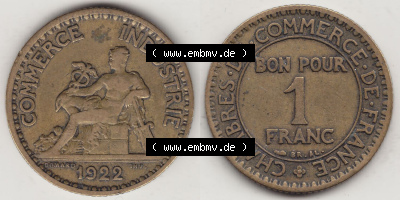 Münzen Frankreich Eurovorläufer, Umlaufmünze vor Euroeinführung 1922-1927, 1 Franken, BON POUR One Franc, 1922 (Stück 1)... Sammlung