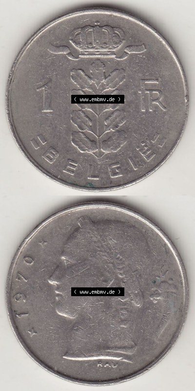 Münzen Belgien Eurovorläufer, Umlaufmünze vor Euroeinführung 1950-1988, 1 FR-Franken 1970 België. Vorderseite und Rückseite... Sammlung