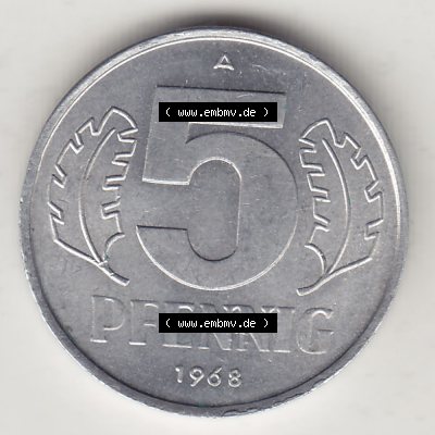 Münzen Deutschland DDR 1968-1990, A 5 Pfennig 1968-6. Rückseite einer Münze aus der ehemaligen DDR in Europa als Digitales Bild / Bildmaterial zum Herunterladen für... Sammlung