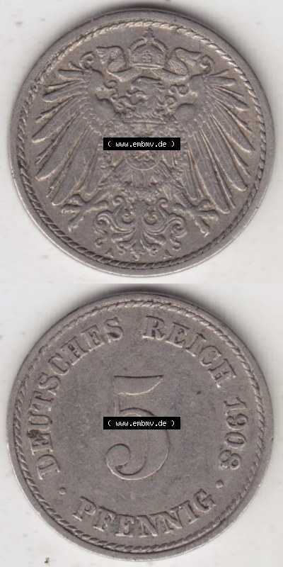 Münzen Deutschland 1871-1918 Kaiserreich 1890-1915, 5 Pfennig A, 1908 I. (4) Sammlung