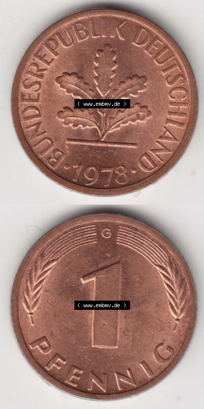Münzen Deutschland 1 Pfennig-Deutsche Mark 1950-2001, 1 Pfennig 1978 G. Vorderseite und Rückseite in vertikaler Ansicht, einer... Sammlung