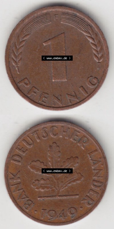 Münzen Deutschland 1 Pfennig-Deutsche Mark 1948-1949, 1 Pfennig 1949 F. Rückseite und Vorderseite in vertikaler Ansicht für... Sammlung
