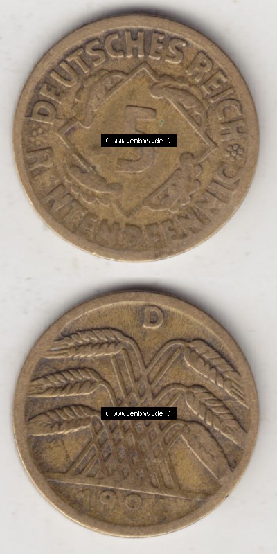 Münzen Deutschland 1918-1932 Weimarer Republik 1923-1924, 5 Rentenpfennig D, 1924 II (4) Sammlung