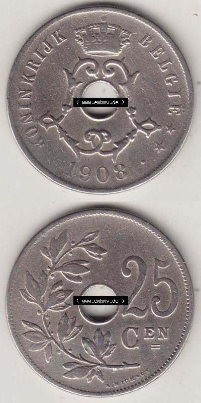 Münzen Belgien Eurovorläufer, Umlaufmünze vor Euroeinführung 1908-1908, 25 Centime - Cen - BELGIË (4) Sammlung