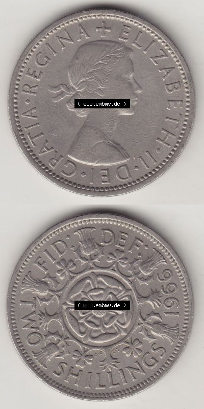 Münzen Großbritannien Eurovorläufer, Umlaufmünze vor Euroeinführung 1954-1970, 2 Schilling - Shillings 1966 (Stück 7). Vorderseite... Sammlung