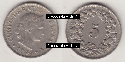 Münzen Schweiz Eurovorläufer, Umlaufmünze 1879-1980, 5 Rappen 1948 Helvetica (3) Sammlung