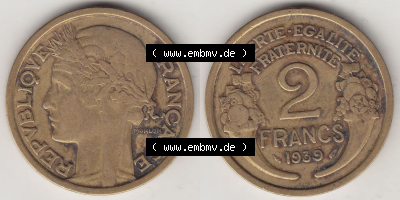 Münzen Frankreich Eurovorläufer, Umlaufmünze vor Euroeinführung 1931-1941, 2 Franken 1939 (Stück 1) LIBERTE EGALITE FRATERNITE.... Sammlung