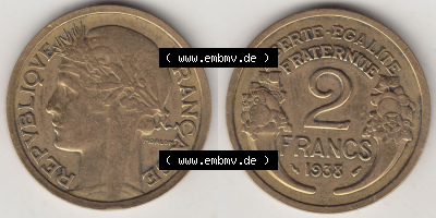 Münzen Frankreich Eurovorläufer, Umlaufmünze vor Euroeinführung 1931-1941, 2 Franken 1938 (Stück 1) LIBERTE EGALITE FRATERNITE.... Sammlung