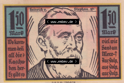 Notgeldscheine aus Stolp, 1,50 Mark Heinrich von Stephan (1) Sammlung