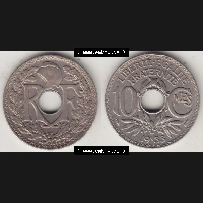 Alte Münzen Frankreich, Kursmünzensatz Zeitraum 1917-1952, der Münze 1917-1938, 10 Cmes, Centimes 1933-1. Rückseite und Vorderseite horizontal nebeneinander... Sammlung