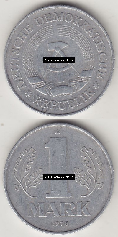 Münzen Deutschland DDR 1972-1990, A 1 Mark 1978. Vorderseite und Rückseite Vertikal Untereinander, passend für Mobile-Geräte,... Sammlung