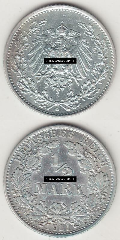 Münzen Deutschland 1871-1918 Kaiserreich Silbermünze 1905-1919, 1/2 Mark D 1911. Vorderseite und Rückseite Vertikal Untereinander,... Sammlung
