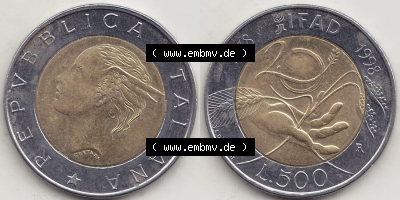 Münzen Italien / Italia Eurovorläufer, Gedenkmünze vor Euroeinführung 1998-1998, 500 Lire, 20 Jahre Internationaler Fonds... Sammlung
