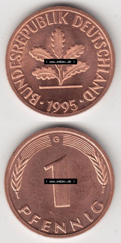 Münzen Deutschland 1 Pfennig-Deutsche Mark 1950-2001, 1 Pfennig 1995 G. Vorderseite und Rückseite in vertikaler Ansicht, einer... Sammlung