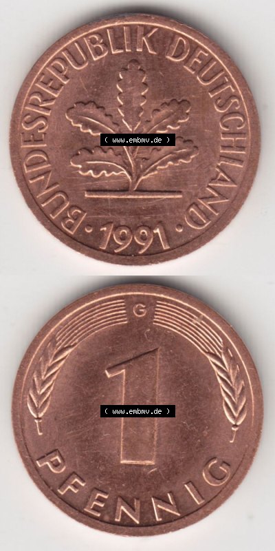 Münzen Deutschland 1 Pfennig-Deutsche Mark 1950-2001, 1 Pfennig 1991 G. Vorderseite und Rückseite in vertikaler Ansicht, einer... Sammlung