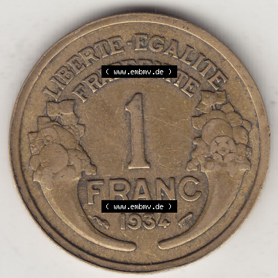 Münzen Frankreich Eurovorläufer, Umlaufmünze vor Euroeinführung 1931-1941, 1 Franken, 1 Franc, 1934 (Stück 1) LIBERTE EGALITE... Sammlung