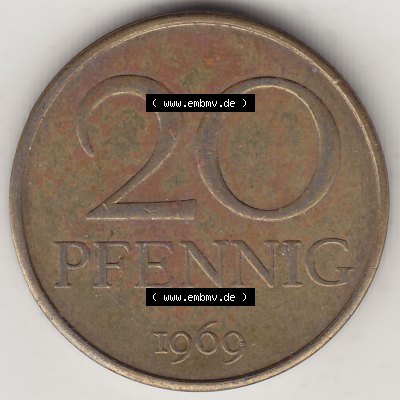 Münzen Deutschland DDR 1969-1990, 20 Pfennig 1969-2, DDR-Telefonmünze. Rückseite einer 20 Pfennig Münze / Umlaufmünze in der DDR auch als Telefonmünze... Sammlung