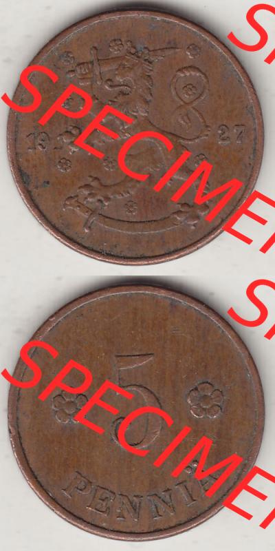 Alte Münzen Finnland, inoffizieller privater Kursmünzensatz / KMS - Zusammenstellung, mit Münze 1918-1940, 5 Penny, Penniä 1927. Rückseite und... Sammlung
