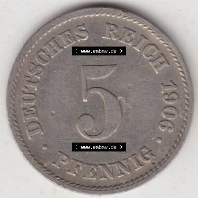 Münzen Deutschland 1871-1918 Kaiserreich 1890-1915, 5 Pfennig J, 1906 (1) Sammlung